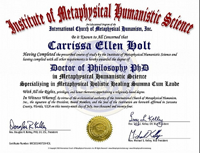 Doctor of Philosophy PhD in Metaphysical Humanistic Science - Specialized in Holistic Healing